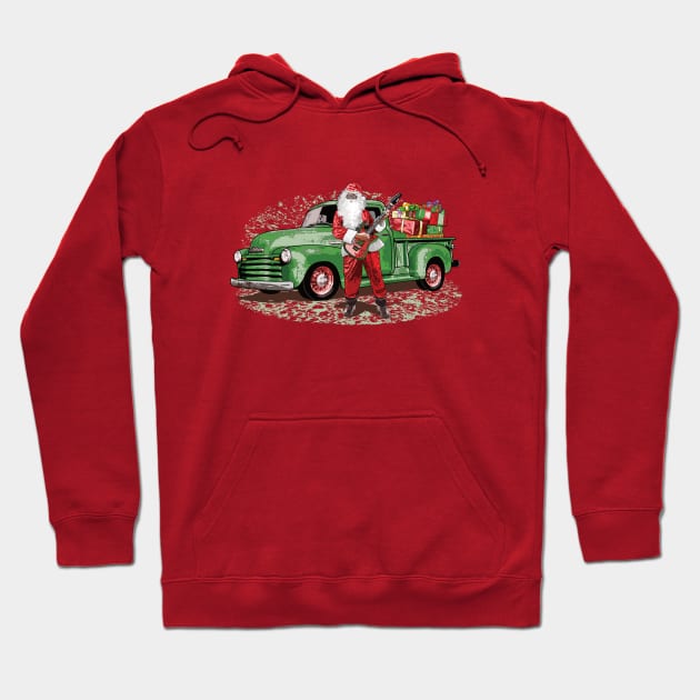 Guitar Santa Claus with Rat Rod Chevy Truck full of Presents Hoodie by ZoeysGarage